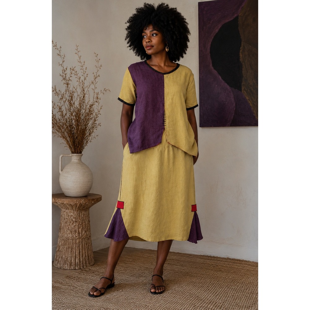 Xiao Linen Colorblock Skirt Set‎  Vintage XL Yellow Purple Lagenlook Art To Wear